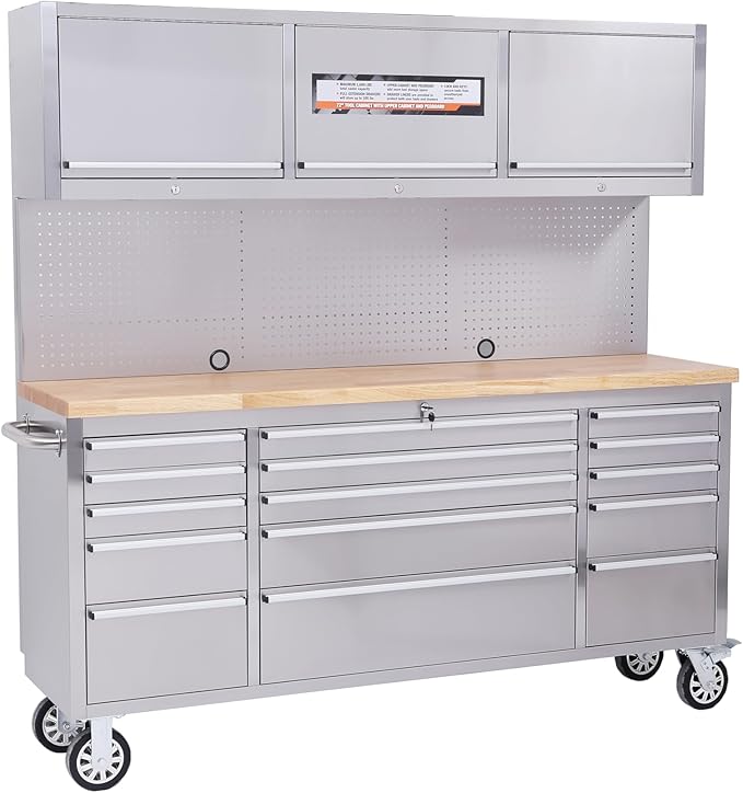 IDEALHOUSE 72 inch Rolling Tool Chest, Garage Workbench with 15 Drawers, Solid Rubber Wood Top & with Wheels Lock Key Locking, Mobile Workstation Tool Cabinet for Workshop Storage