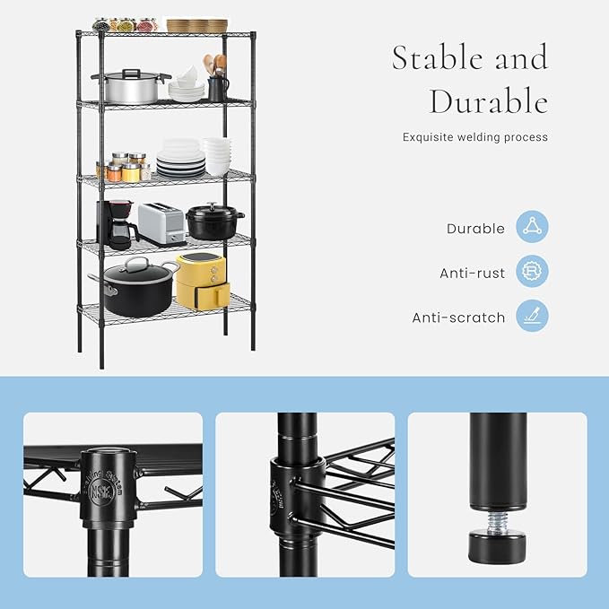 HealSmart 5-Tier Metal Wire Storage Shelves, Adjustable Standing Storage Rack Shelf, Heavy Duty Steel Shelving Unit Organizers for Kitchen Bathroom Pantry Garage, 23.3" W×13.4" D×60" H, Black