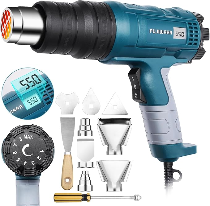 Heat Gun Kit 1500W Variable Temperature with Digital Display,5 Nozzles,Hot Air Gun 122℉-1112℉,Fast Heating for DIY Shrink PVC Tubing/Wrapping/Crafts,Stripping Paint(1500W LCD Digital Display)