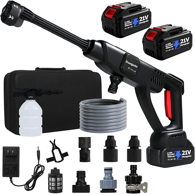 1400 PSI Cordless Pressure Washer Battery Powered, Portable Handheld Power Washer with 2×4.0Ah 21V Batteries, 3 Pressure Modes, 6-in-1 Nozzle & Foam Cannon for Car