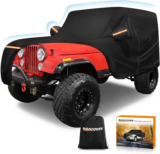 Car Cover for Jeep CJ7 1976-1986, Waterproof 420D Oxford Cloth and Cotton Cover Outdoor Full Car Covers with Zipper Windproof Heavy Duty All Weather Protection