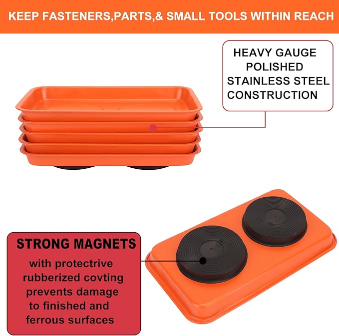 5 PCS Magnetic Trays, 9.4X5.5x1.4Inch, Magnet Tool Tray, Magnetic Parts Tray, orange, by GENHAKON