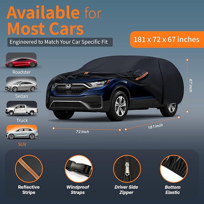 Waterproof Car Cover All-Weather, Heavy-Duty Outdoor Full Exterior Automobiles Snow Cover for SUV Up to 181 inch with Sun Visor,Zippered & Storage Bag - Black