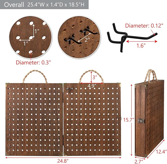 MOOCA Wooden Foldable and Portable 2 Panel Pegboard Jewelry Display Organizer with 48 Removable Black Metal Hooks & Convenient Rope Handle for Easy Carrying, Dual-Sided Panels for Hanging, Brown Color