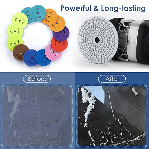 Diamond Polishing/Sanding Pads Wet/Dry 50-10000 Grit for Marble, Countertop, Quartz, Tile, Granite, Concrete, Stone - for Drill Grinder Polishers (5 INCH)