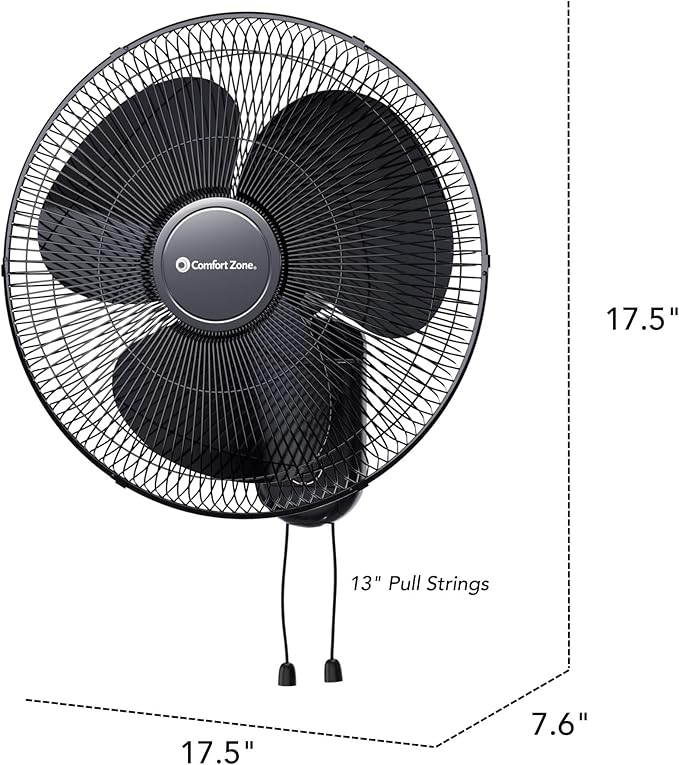 Comfort Zone 16-Inch Oscillating Wall Mount Fan – Quiet 3-Speed Indoor Fan with 60° Adjustable Tilt, Pull-Chain Control & Durable Metal Grille – Space-Saving Cooling for Home, Office, & Greenhouse