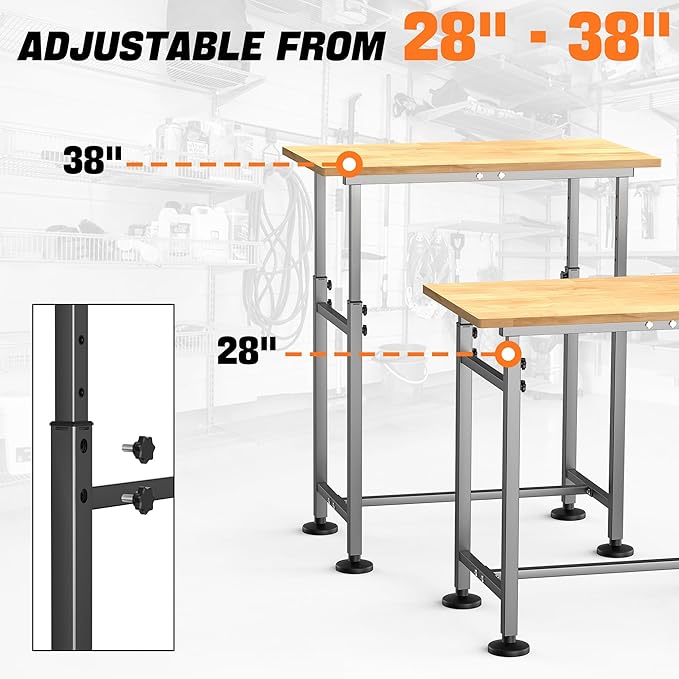 TORACK Adjustable Workbench with Rubberwood Top, 32" x 18" Heavy-Duty Garage Work Table, Height Adjustable 28"–38", Supports Up to 1500 lbs