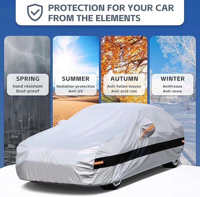 10 Layers Car Cover Custom Fit for Mercedes Benz C Class C250 C300 C43 C63 (1993-2025), Waterproof All Weather for Automobiles, Outdoor Full Cover Sun Dust Rain Protection with Cotton. Silver