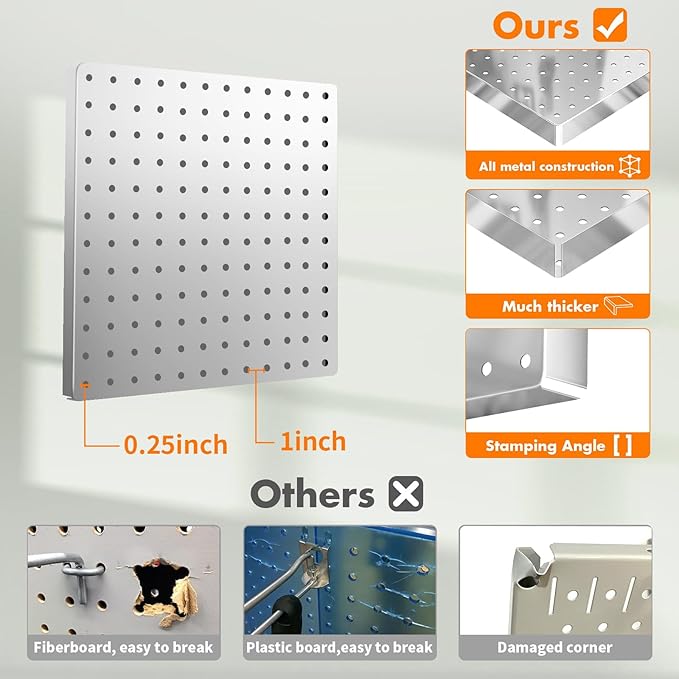 Peg Board, 6PCS Metal Pegboard, Heavy Duty Pegboard Wall Organizer with Frame. Silver Pegboard for Walls, Garage, Workbench, Craft Room Tool Organization, Metal Pegboard Panels 12in*12in