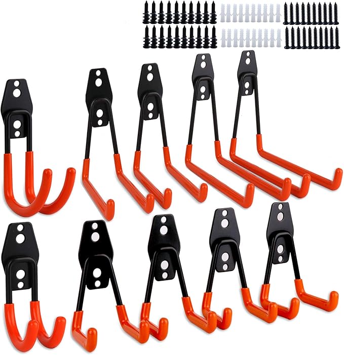 Dirza Garage Hooks 10 Pack Steel Garage Storage Utility Double Hooks, Heavy Duty Wall Mount Tool Hangers Organizers for Organizing Ladder, Power Tool,Bulk Items, Shovel, Ropes