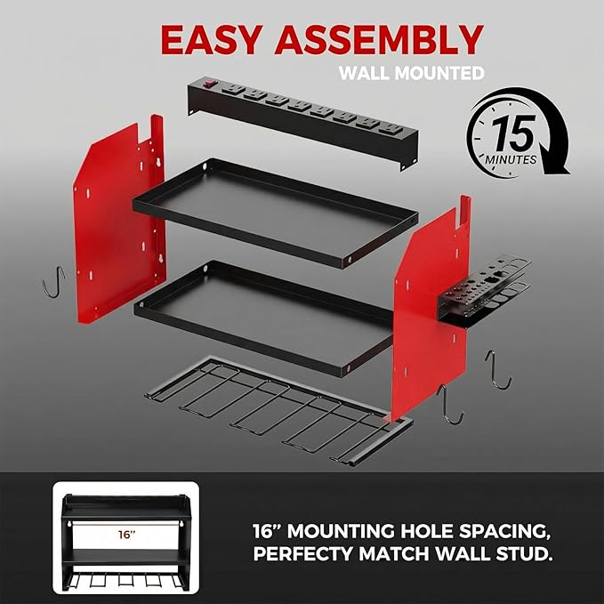 Power Tool Organizer Wall Mount with Charging Station, Heavy Duty 3 Layer Garage Tool Storage with 4 Cordless Drill Holder and 8 Outlet Power Strip, Gift for Men Husband Dad Birthday Anniversary red