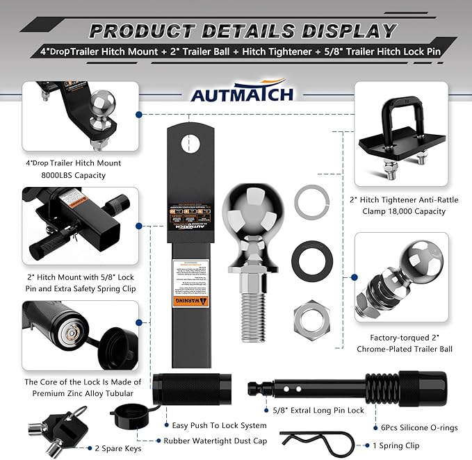 AUTMATCH Trailer Hitch Ball Mount with 2 Inch Hitch Ball - Fits 2" Receiver with Hitch Tightener, 8000Lbs Capacity Ball Hitch, 4-Inch Drop with 5/8" Hitch Lock Pin, Frosted Black