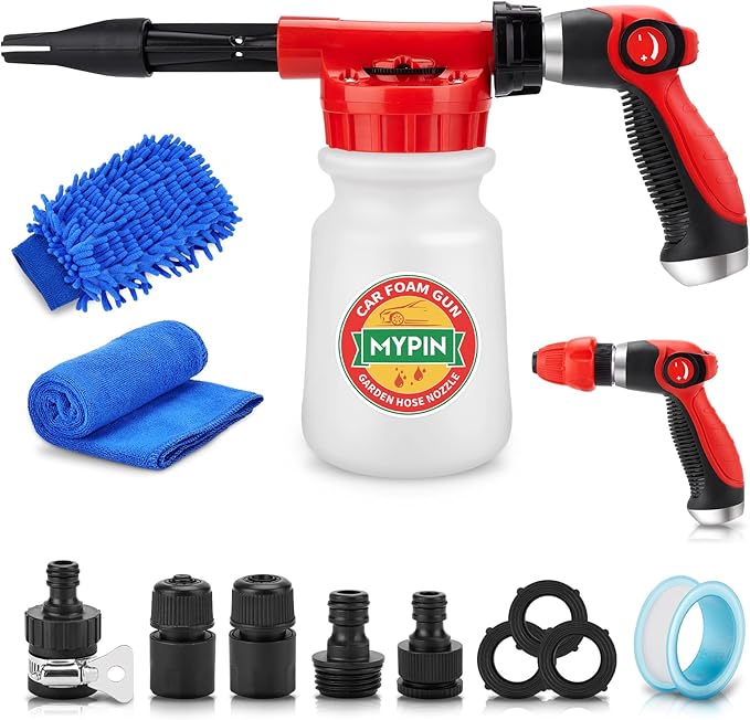 Car Wash Foam Gun/Hose Sprayer, 16 IN 1 Cannon, Adjustable with 2.5-6 Ratio Dial Foam Blaster, 1L Bottle, Nozzles, Mitten, 1/2” Quick Connector for Garden Hose, for Car/Garden Cleaning