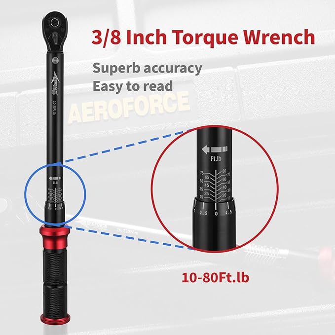 AEROFORCE 3/8-Inch Drive Torque Wrench（10-80 lb.ft / 13.6-108.8 Nm),72 Tooth Dual Direction Reversible Ratchet, Dual Range Scales, Precision Calibrated for Bike, Motorcycle and Car Repair