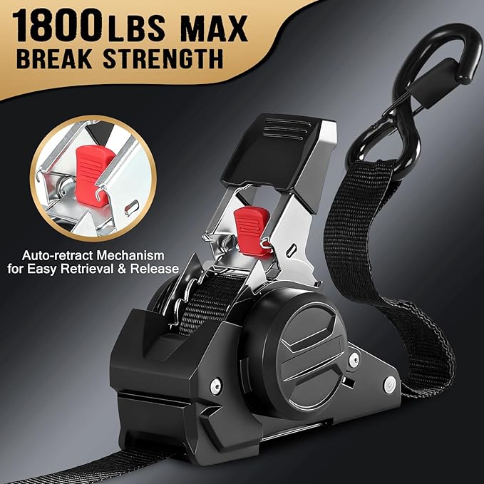 6FT Retractable Ratchet Straps(2-Pack) - 1 Inch (1800 LB Break Strength) Heavy Duty Self Retracting Ratchet Straps with Soft Loops & Storage Bag for Household, Motorcycle, Truck, ATV(Black)