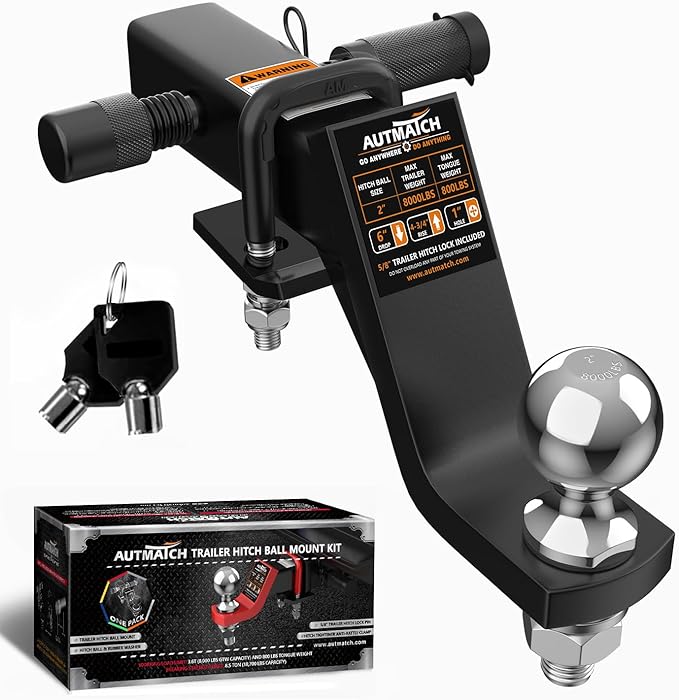 AUTMATCH Trailer Hitch Ball Mount with 2 Inch Hitch Ball - Fits 2" Receiver with Hitch Tightener, 8000Lbs Capacity Ball Hitch, 6-Inch Drop with 5/8" Hitch Lock Pin, Black