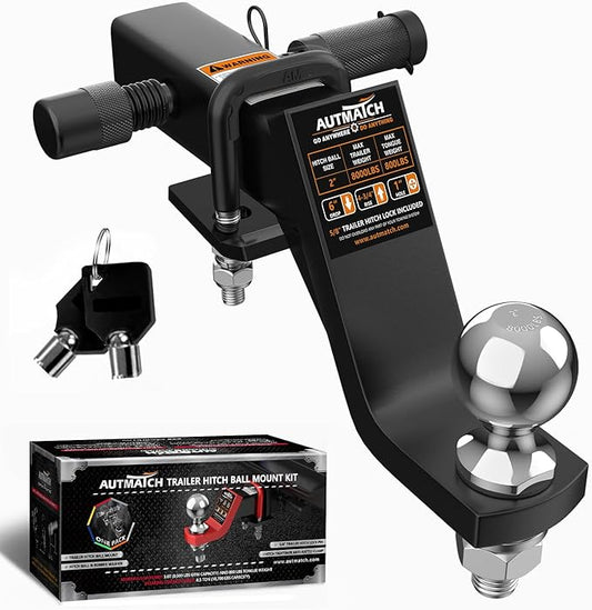 AUTMATCH Trailer Hitch Ball Mount with 2 Inch Hitch Ball - Fits 2" Receiver with Hitch Tightener, 8000Lbs Capacity Ball Hitch, 6-Inch Drop with 5/8" Hitch Lock Pin, Black