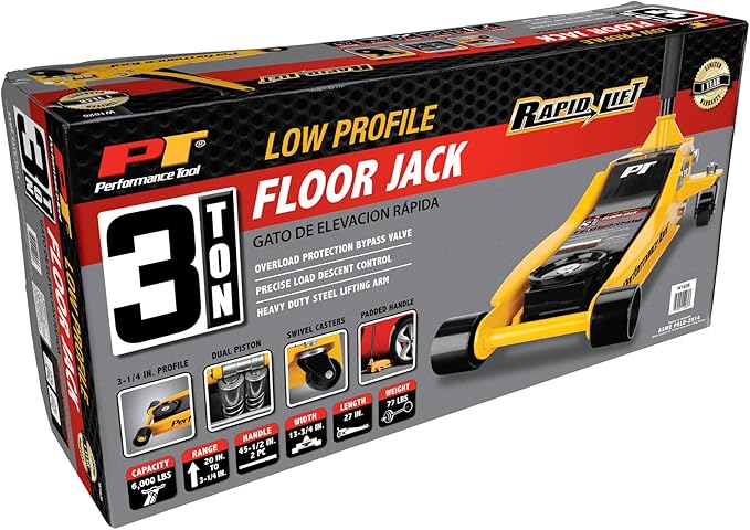 Performance Tool W1626 3 Ton Rapid Lift Low Profile Floor Jack (3-1/4 to 20-Inch Lift Range)