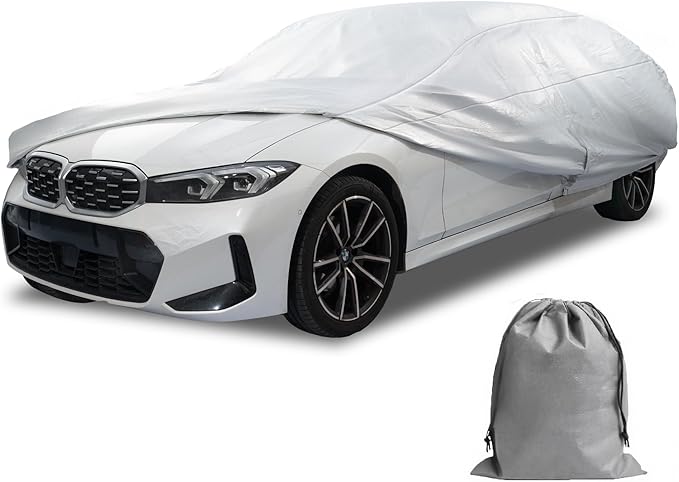 Caromop 10-Layer Waterproof Car Cover All Weather Protection (Snow, Rain, Sun) with Secure Fit Straps and Easy On/Off Zipper-Size C5 (See Size-Chart)