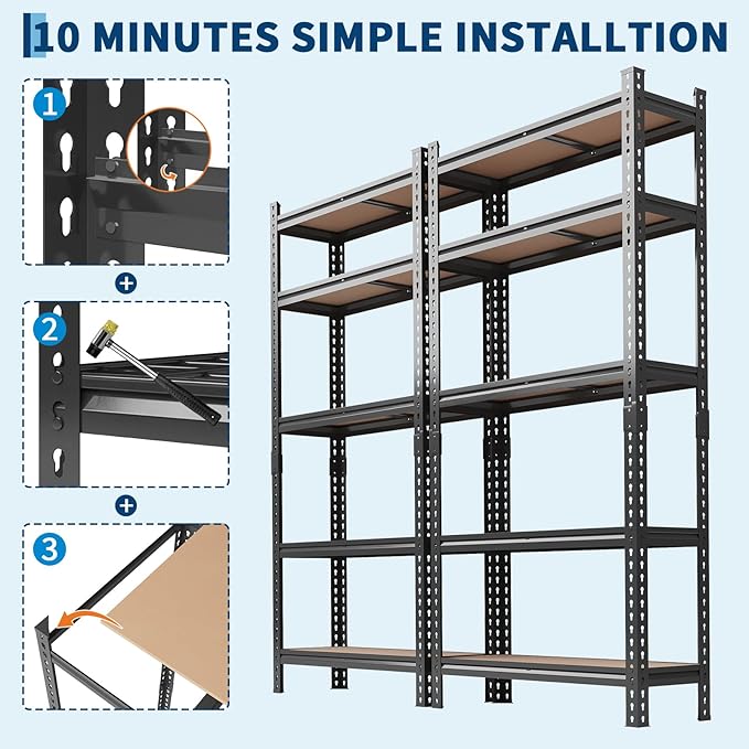 5-Tier Heavy Duty Adjustable Metal Storage Unit, 72" h x 35.5" w x 12" d, for Garage, Basement, Warehouse, Pantry, Closet, Kitchen, Black，2 Pack