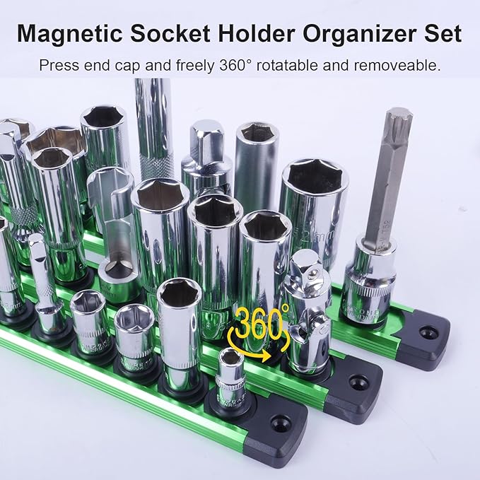 Magnetic Socket Holder Organizer Set:3/8-Inch Drive Socket Trays Socket, 360° Swivel 14 Clips Socket Holder Kit, For Automotive Mechanic Garage (Green)