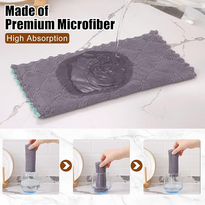 Mordimy 18 Pack Kitchen Cloths Dish Towels (10" x 10", Grey & Green), Super Soft and Absorbent Dish Cloths, Coral Velvet Microfiber Cleaning Cloth, Nonstick Oil Fast Dry Dishcloths