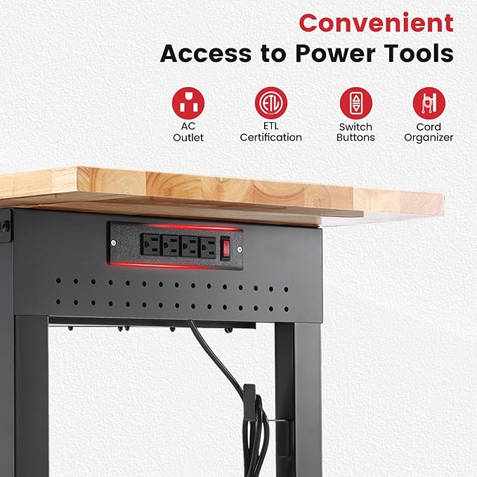 ENJOYWOOD 60" x 22" Garage Workbench Adjustable Height Work Table with Drawers, Pegboard & Power Outlets Heavy Duty Rubberwood Top Work Bench for Workshop & Home