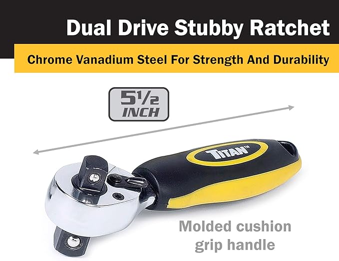 Titan 12051 3/8-Inch and 1/2-Inch Dual Drive x 5-1/2-Inch 72-Tooth Dual Head Stubby Ratchet