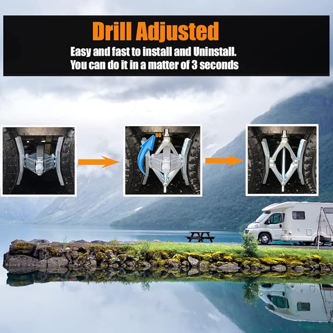 Camper Wheel Chock, Heavy Duty Rotatable X Shaped Stabilizer for RV Trailer (Drill Adjusted), 2 Sets of Tire Lock Chocks (Patented)