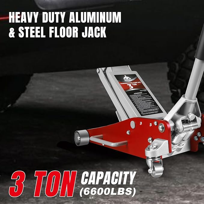Jack Boss 3 Ton Low Profile, Aluminum and Steel Racing Floor Jack with Dual Pistons Quick Lift Pump for Sport Utility Vehicle, Lifting Range 3-15/16" min to 18-5/16" max, Net Weight 58.5 lb, Red