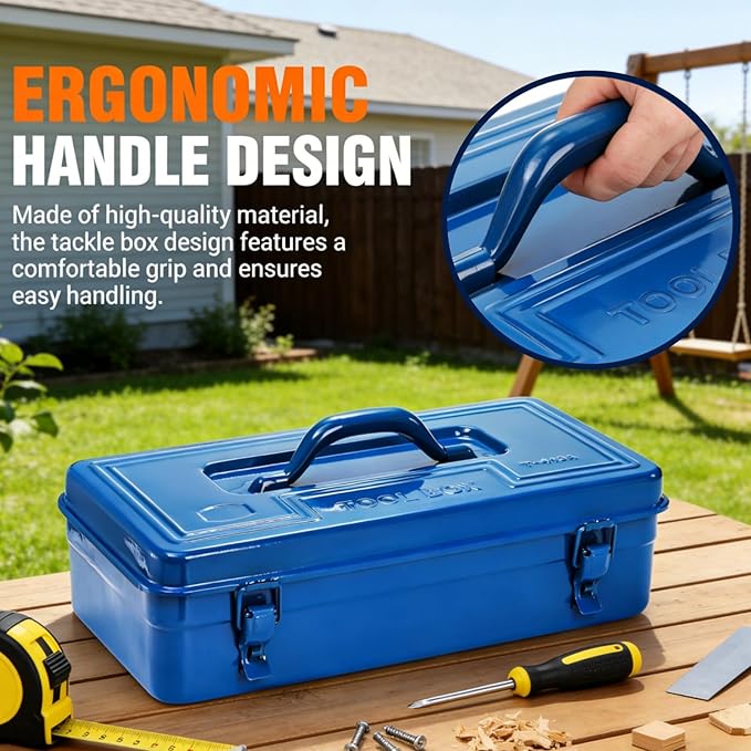 Portable Steel Tool Box, 16 Inch Metal Tool Organizer Box with Double Latch Closure and Handle, Heavy Duty Storage Toolbox Chest for Workshop, Garage, Warehouse, Household, Blue