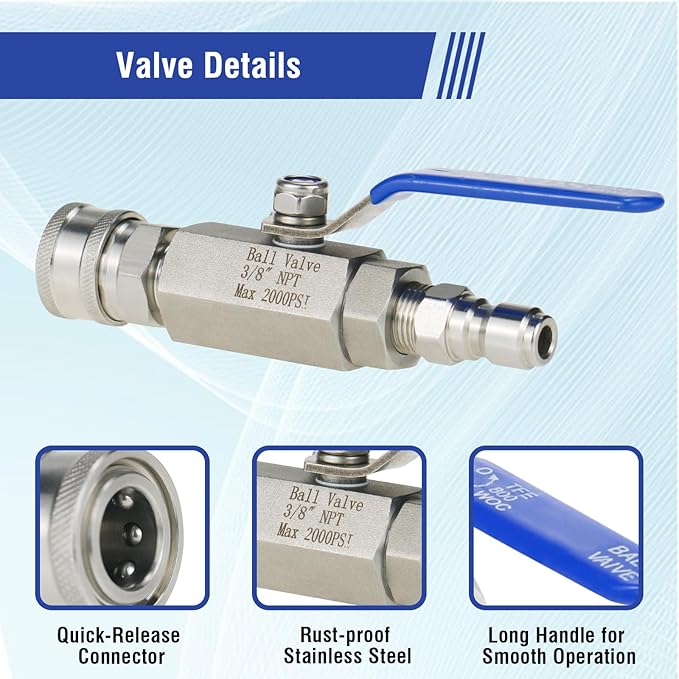 Pressure Washer Ball Valve Kit, NPT 3/8 Stainless Steel High Pressure Shut off Valve with Long Hand and 3/8" Quick Connect for Switching Power Washer Hose/Gun, Foam Cannon, Wand, 2000PSI