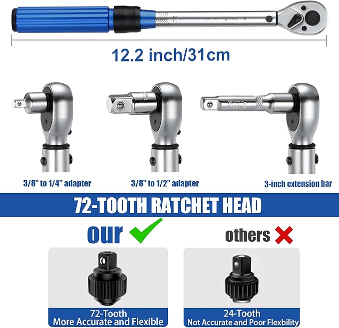 BULLTOOLS 3/8-Inch Drive Click Torque Wrench, Dual-Direction 72-Tooth Torque Wrench Set 7.4-44.3 FT.LB/10-60 Nm Dual Range Scales Torque Wrench for Bike, Motorcycle, Car Spark
