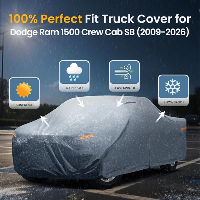 2026 Upgrade Truck Cover Waterproof All Weater - See Vehicle Size Chart - Heavy Duty Outdoor Truck Pickup Cover for RAM 1500 2500 3500, Toyota Tundra, Nissan Titan. Length up to 242 inch.