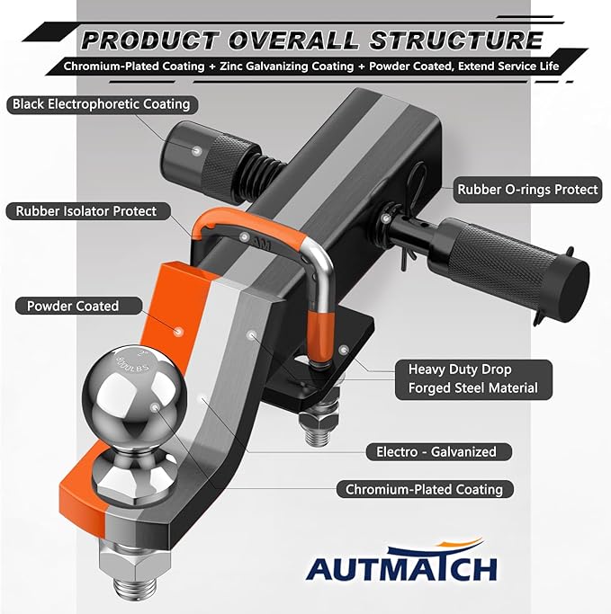 AUTMATCH Trailer Hitch Ball Mount with 2 Inch Hitch Ball - Fits 2" Receiver with Hitch Tightener, 8000Lbs Capacity Ball Hitch, 2-Inch Drop with 5/8" Hitch Lock Pin, Orange & Black