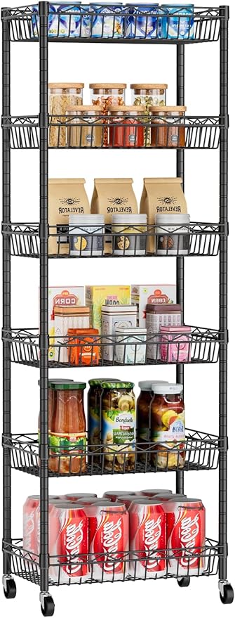 Golpart 6 Tier Basket Shelf Wire Shelving Unit Adjustable Storage Shelves Big Basket Rack for Garage Kitchen Office Pantry Corner 17.2" Dx12.2 Wx63 H Black