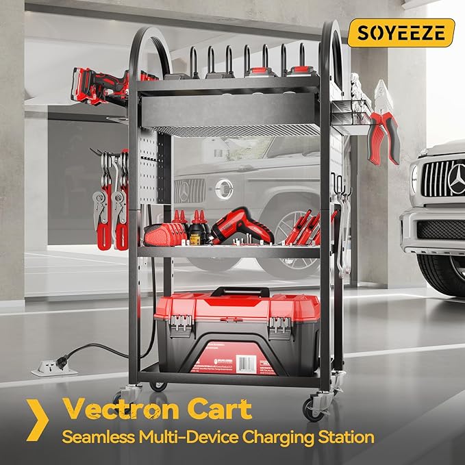 SOYEEZE Utility Cart with Charging Station and Drawer, 4 Tier Rolling Cart with Pegboard, Floor Tool Cart on Wheels, Heavy Duty Metal Garage Storage Rack with 8 Outlet Power Strip