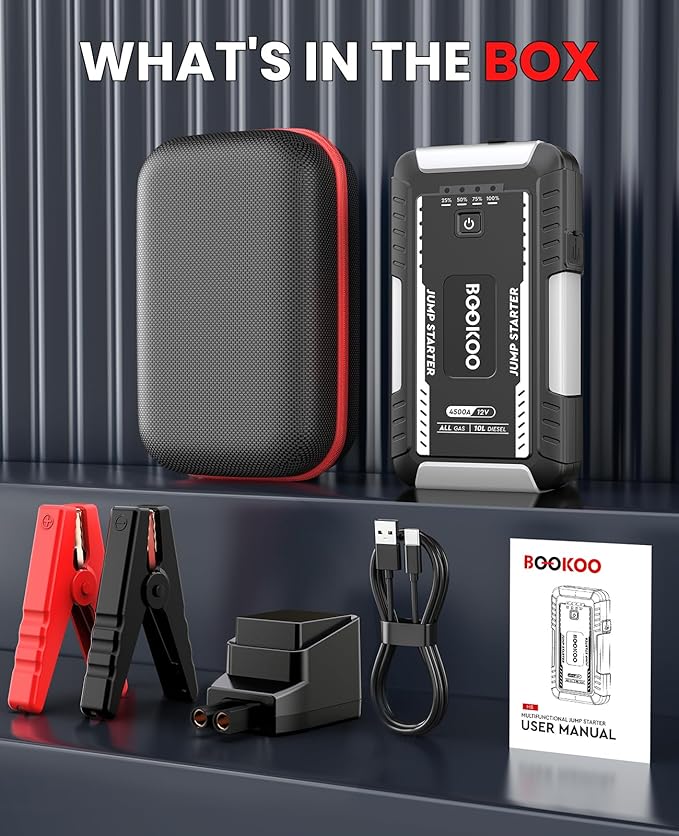 BOOKOO Portable Car Jump Starter, 4500A Car Battery Jump Starter for Upto 10L Gas and 8L Diesel Engines,12V Jump Box with Jumper Cables,USB QC3.0,LED Light