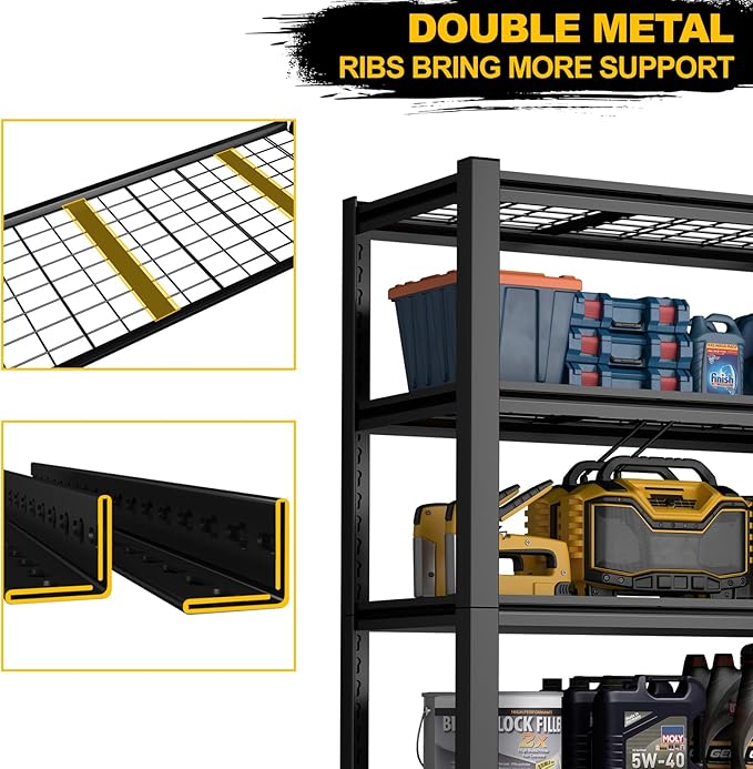 5-Tire Garage Shelving Units Storage Shelves Rack, 72 Inches Height Heavy Duty Adjustable Steel 5000 lbs Metal Shelf for Basement, Garage Organization (Iron Grid Layer, 72" H x 59" W x 24" D)