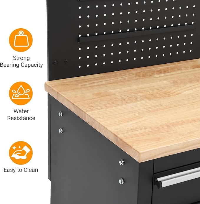 Rolling Tool Chest, 61 in Garage 10 Drawers Workbench Storage Tool Cabinet with Solid Rubber Wood Top, Power Strip, 1675 LBS Load Mobile Workstation, Heavy Duty Rolling Cabinet, Black