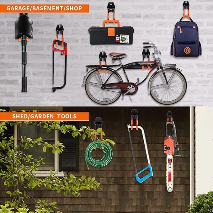 3-H Garage Wall Hooks 10 Pack,Garage Hooks Heavy Duty,Garage Storage Hooks for Hanging and Organizing Garden,Lawn,Yard Tools,Chairs,Ladders,Weed Eater,Shovel,Blower(Orange)