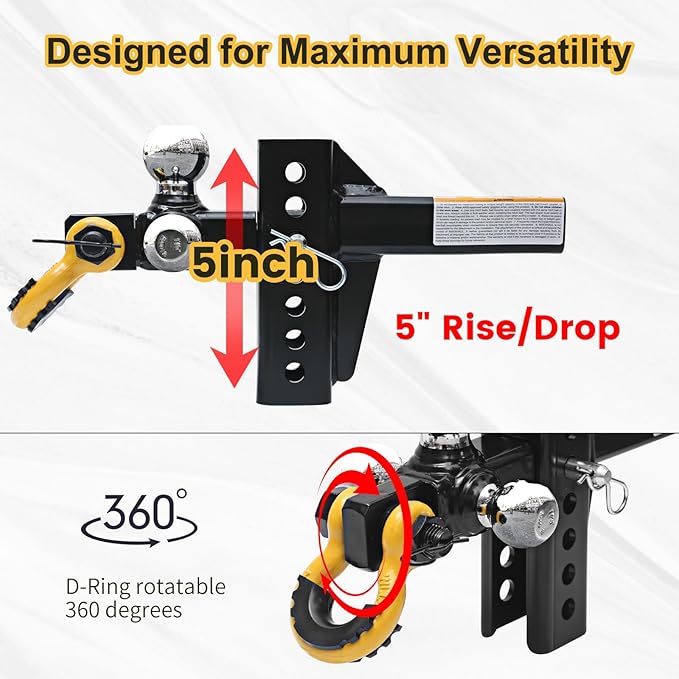 MaxxHaul Adjustable Tri-Ball Hitch Mount with Rotating Tow Shackle & D-Ring Fits 2" Receiver 1-7/8" 2" 2-5/16" Balls 12000 lb Capacity 5" Drop Rise 51003