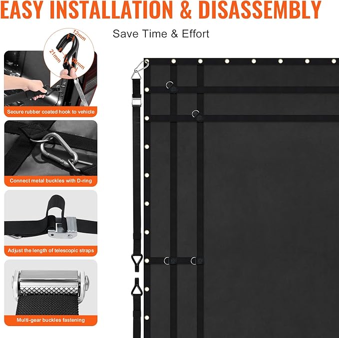 VEVOR Waterproof Cargo Net, 120 in x 105 in, Heavy Duty Truck Cargo Net-(WLL) 700lbs, 4 Adjustable Straps with Carabiners & S-Hooks, Truck Bed Cover for Trailer, Pickup, Boat, Jeep, SUV 8.75’x10’