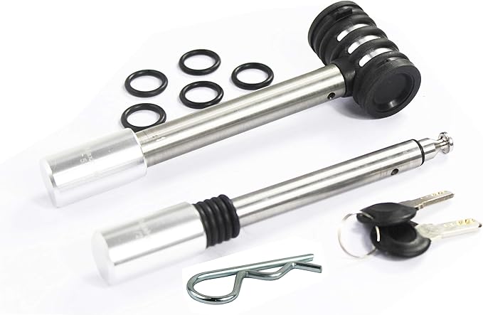 MAXXHAUL 50152 Stainless Steel Hitch Locking Pin Set 5/8" and 1/2" Diameter with Safety Clip and Anti-Rattle O-Rings for Class I, II, III, IV and V Hitch Receivers - with Aluminum Locking Head