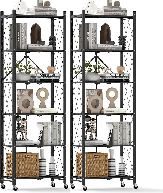 DEANIC 6-Shelf Folding Bookcase with Wheels, Heavy Duty Storage Shelves, Freestanding Metal Wire Shelving Unit for Living Room, Office, Kitchen, Basement, Pantry (Black 2 Pack)