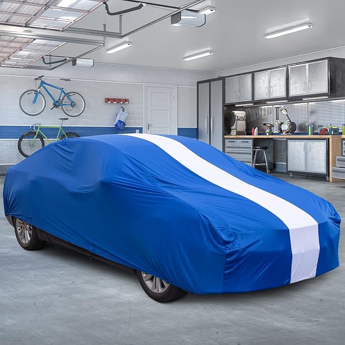 Favoto Car Cover Dustproof Sedan Indoor Stretch Cover Universal Fit 177-193 Inch Automobiles Full Car Cover with Storage Bag Breathable Windproof All-Weather Auto Vehicle Cover (Blue-Upgraded)