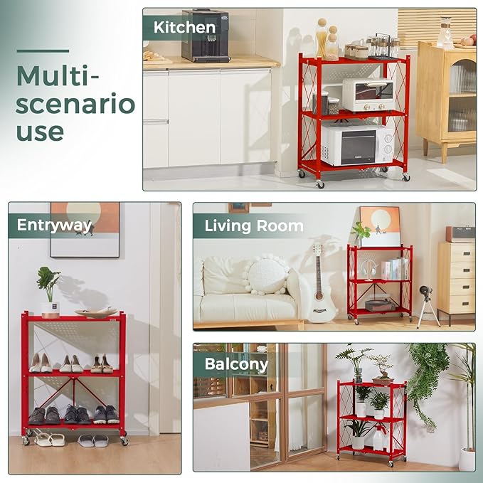 DEANIC 3 Tier Foldable Storage Shelves with Wheels, Kitchen Appliance Stand, Freestanding Metal Wire Shelf Rack, No Assembly Organizer Rolling Cart for Garage, Basement, Pantry(Red)