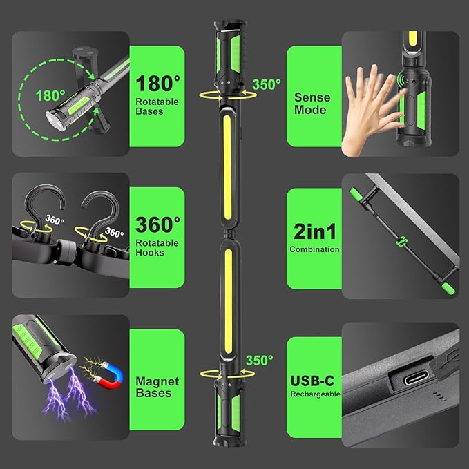Rechargeable Mechanic Light, 2-in-1 Magnetic Light Bar with Motion Sensor, 2400LM Underhood Work Lights for Mechanics, for Automotive Repair, Inspection, Garage, Emergency