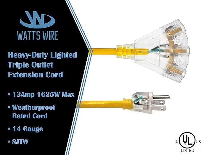 100 ft Outdoor Extension Cord Waterproof - 14 Gauge Heavy Duty Extension Cord 100 ft - Lighted Outdoor Extension Cords with Multiple Outlets - Watts Wire - 100' Grounded - extensiones electricas