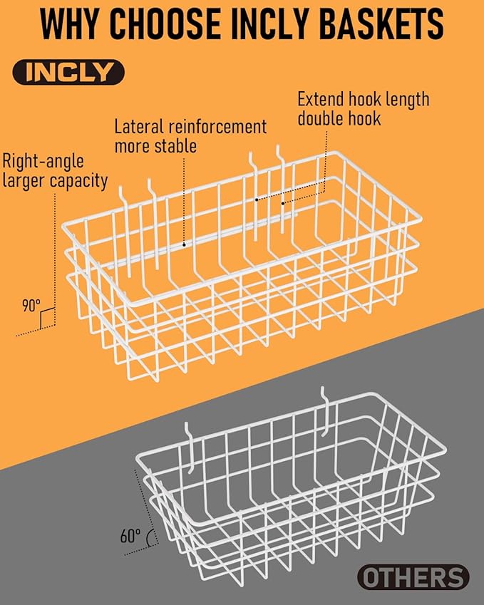 INCLY 4 Pack Pegboard Baskets Bins Set, 4 Size Square Style Metal White Wire Basket for Any Peg Board Organizing Tools, Pegboard Accessories for Workbench Garage Wall Storage Attachments